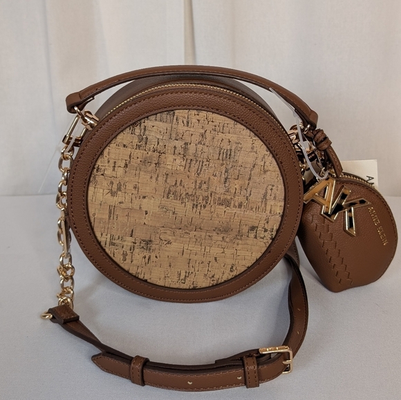 Anne Klein Brown And Gold Cork Circle Round Crossbody Bag - Picture 1 of 7
